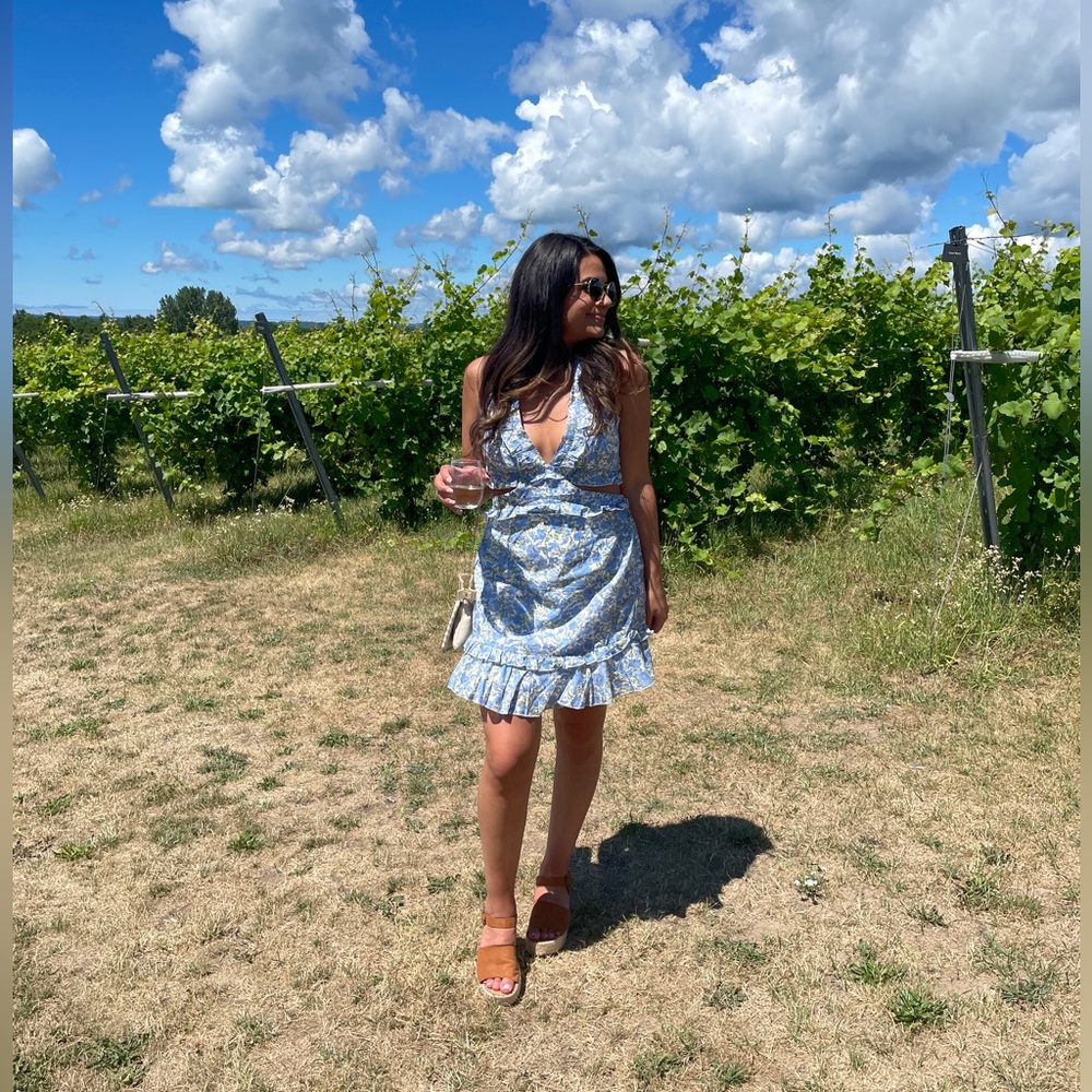 Blue and White Floral Cutout Dress